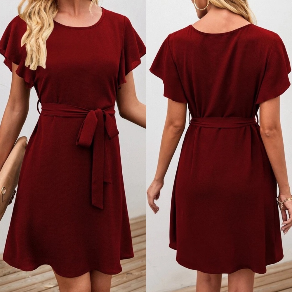 Belted short sleeve casual dress burgundy red